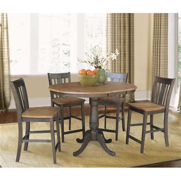 International Concepts 36-in Round Extension Dining Table w/ 4 San Remo Counter Height Stools - Hickory/Washed Coal