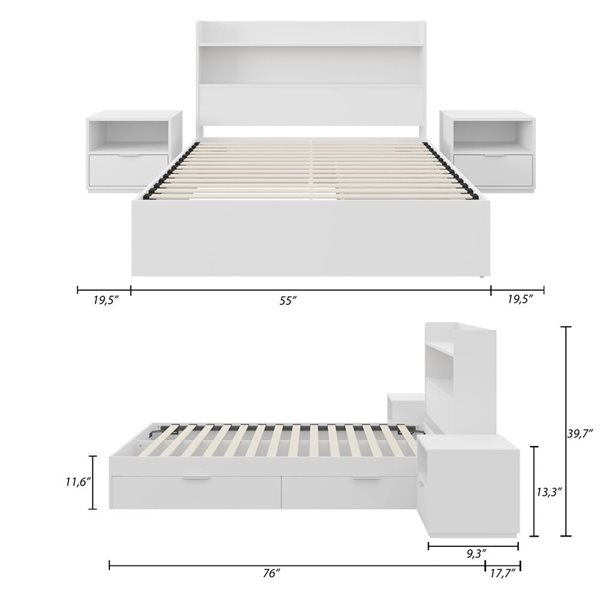 Nexera Hunter Full-Size Platform Bed w/ Headboard and 2 Nightstands - White