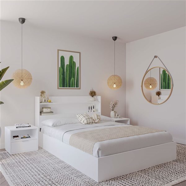 Nexera Hunter Full-Size Platform Bed w/ Headboard and 2 Nightstands - White