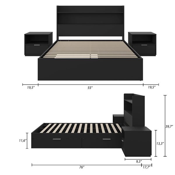 Nexera Hunter Full-Size Platform Bed w/ Headboard and 2 Nightstands - Black