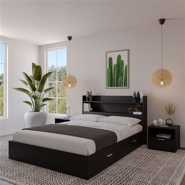 Nexera Hunter Full-Size Platform Bed w/ Headboard and 2 Nightstands - Black