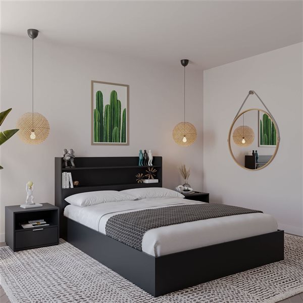 Nexera Hunter Full-Size Platform Bed w/ Headboard and 2 Nightstands - Black