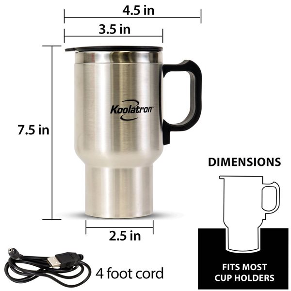 Koolatron 12 V USB Heated/Insulated Stainless Steel Travel Mug 500-ml