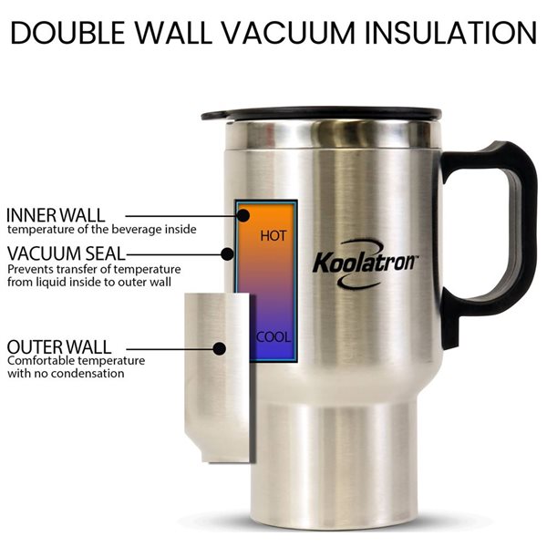 Koolatron 12 V USB Heated/Insulated Stainless Steel Travel Mug 500-ml