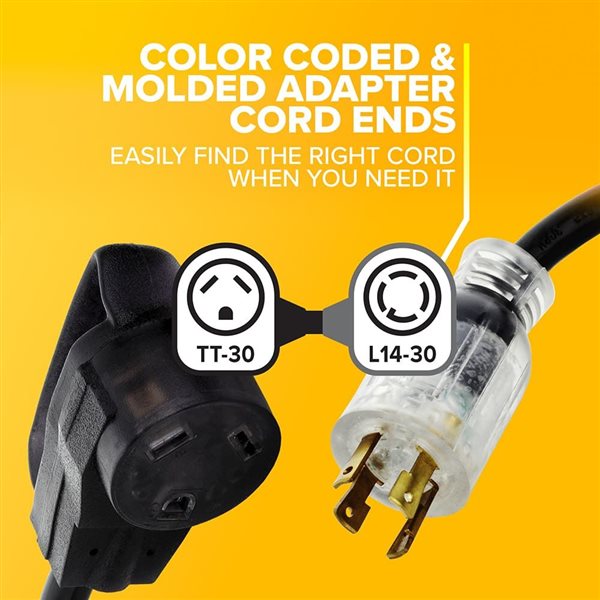 Reliance Controls Color Connect Black 125 V 30 A NEMA L14-30-Plug Adapter Cord - L14-30 Plug and TT-30 Connector