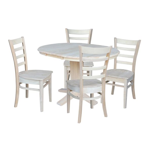 International Concepts 36-in Solid Wood Round Extension Dining Table w/ 4 Dining Chairs, Unfinished