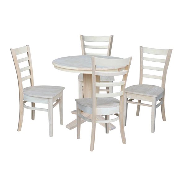 International Concepts 36-in Solid Wood Round Extension Dining Table w/ 4 Dining Chairs, Unfinished