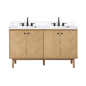 Meuble-lavabo double sous plan Adele d'Avanity 61 po chêne naturel avec plateau en pierre d'ingénierie blanc cala