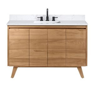 Meuble-lavabo simple sous plan Adele d'Avanity 49 po teck naturel avec plateau en pierre d'ingénierie blanc cala