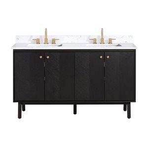 Meuble-lavabo double sous plan Adele d'Avanity 61 po chêne noir avec plateau en pierre d'ingénierie blanc cala