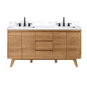 Meuble-lavabo double sous plan Adele d'Avanity 61 po teck naturel avec plateau en pierre d'ingénierie blanc cala