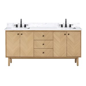 Meuble-lavabo double sous plan Adele d'Avanity 73 po chêne naturel avec plateau en pierre d'ingénierie blanc cala