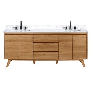 Meuble-lavabo double sous plan Adele d'Avanity 73 po teck naturel avec plateau en pierre d'ingénierie blanc cala
