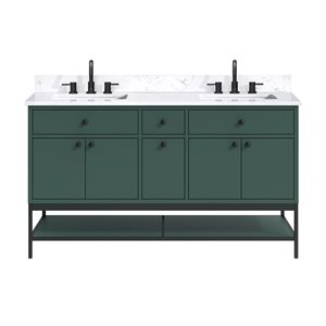 Meuble-lavabo double sous plan Paisley d'Avanity 60 po vert Everglade avec plateau en pierre d'ingénierie blanc cala