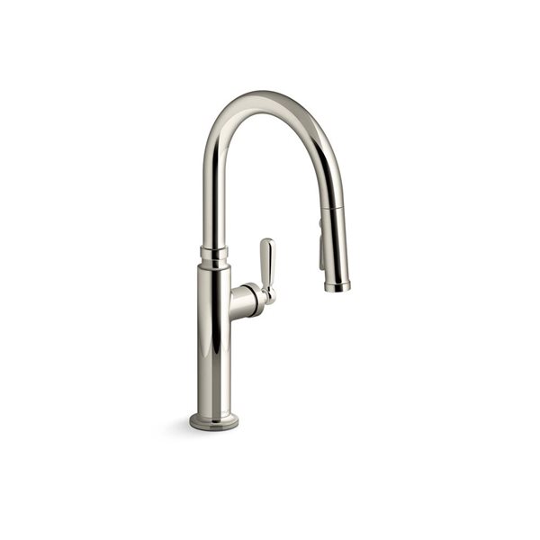 KOHLER Edalyn Studio McGee Polished Nickel 1-Handle Deck-Mount High-Arc Kitchen Sink Faucet w/ Sprayhead