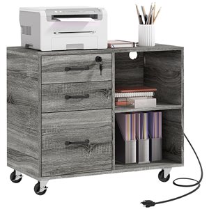 HomCom 3-Drawer Mobile Filing Cabinet w/ USB Ports
