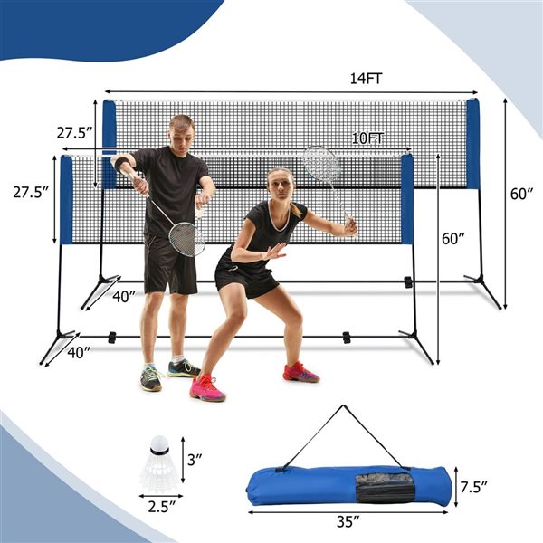 Costway 10-ft Adjustable Badminton Net Set w/2 Shuttlecocks and Portable Carry Bag