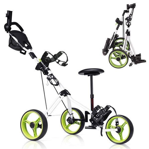 Costway Green Foldable 3-Wheel Push-Pull Golf Club Cart Trolley w/ Seat