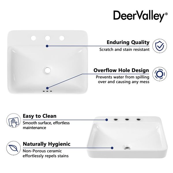 DeerValley 23.8 x 19-in Rectanglar White Ceramic Bathroom Semi Recessed Vessel Sink with Overflow