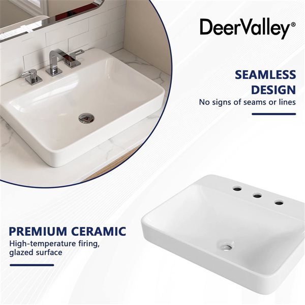 DeerValley 23.8 x 19-in Rectanglar White Ceramic Bathroom Semi Recessed Vessel Sink with Overflow