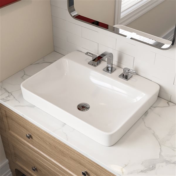 DeerValley 23.8 x 19-in Rectanglar White Ceramic Bathroom Semi Recessed Vessel Sink with Overflow