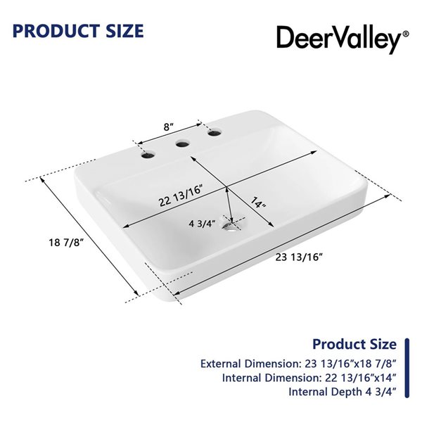 DeerValley 23.8 x 19-in Rectanglar White Ceramic Bathroom Semi Recessed Vessel Sink with Overflow