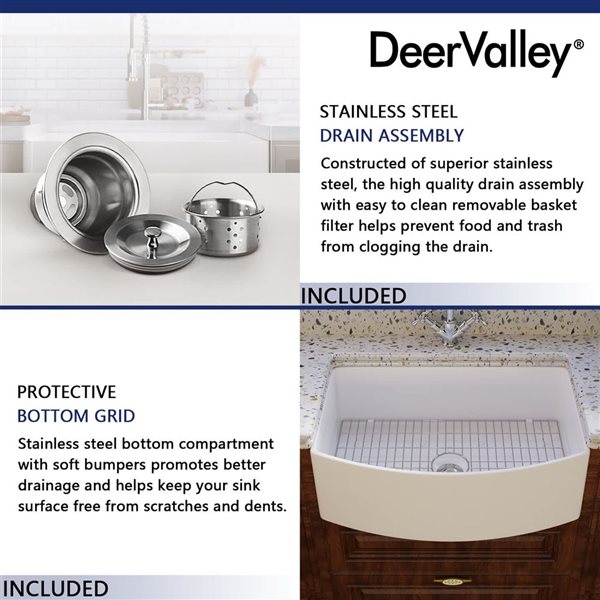 DeerValley Fireclay 30-in Single Bowl Farmhouse Apron Front Curved Kitchen Sink