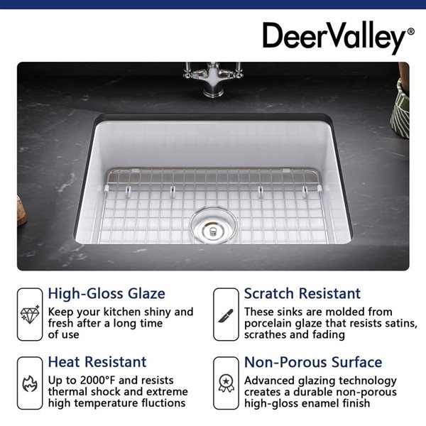 DeerValley Glen White Rectangular Fireclay 27-in Single Bowl Undermount/Drop-In Kitchen Sink