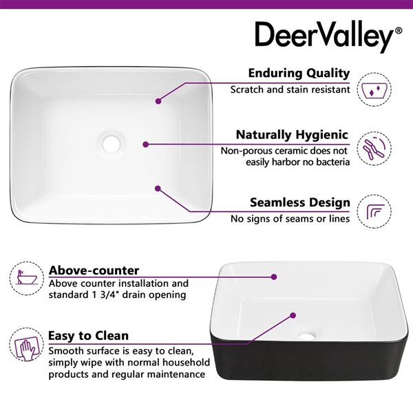 DeerValley Ally Black and White Ceramic Rectangular Vessel Bathroom Sink