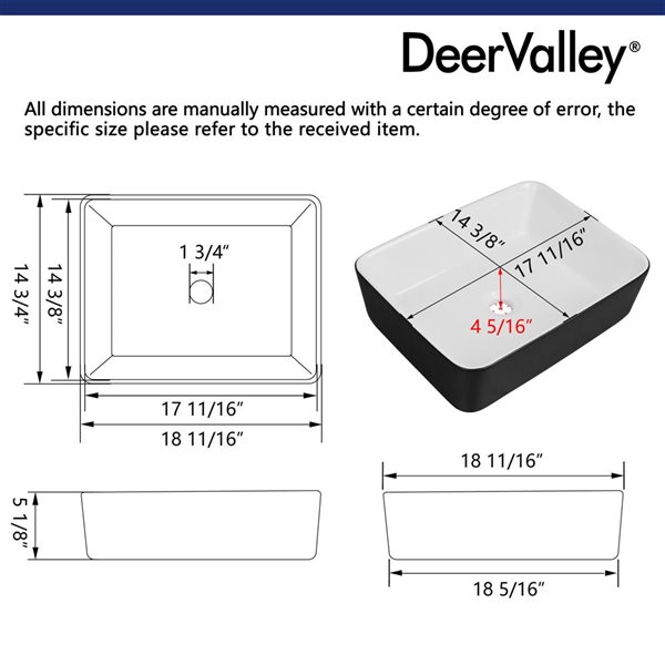 DeerValley Ally Black and White Ceramic Rectangular Vessel Bathroom Sink