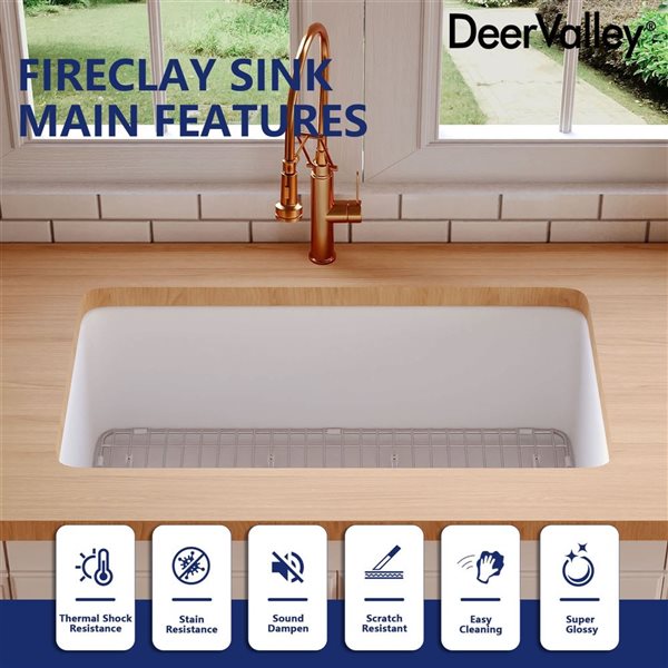 DeerValley Glen White Rectangular Fireclay 32-in Single Bowl Drop-In/Undermount Kitchen Sink