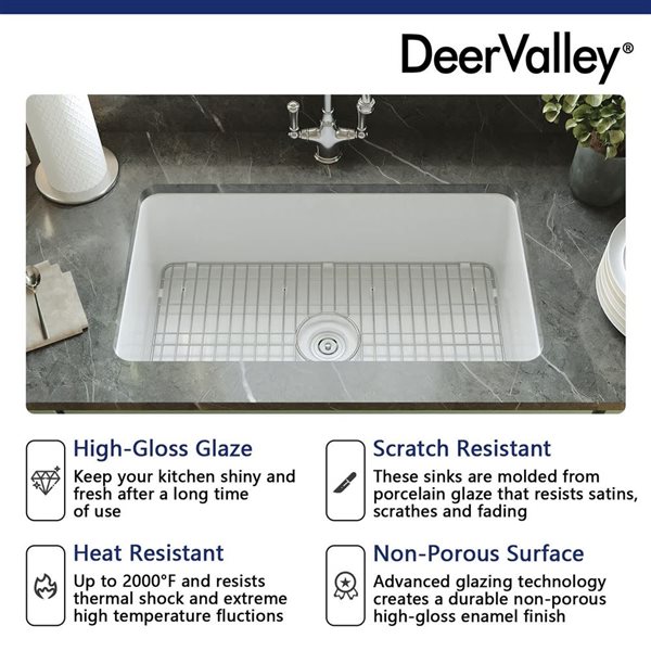DeerValley Glen White Rectangular Fireclay 32-in Single Bowl Drop-In/Undermount Kitchen Sink