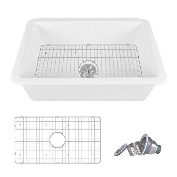 Glen White Rectangular Fireclay 32-In Single Bowl Drop-In/undermount Kitchen Sink, White/Tan, Stainless Steel/Fireclay