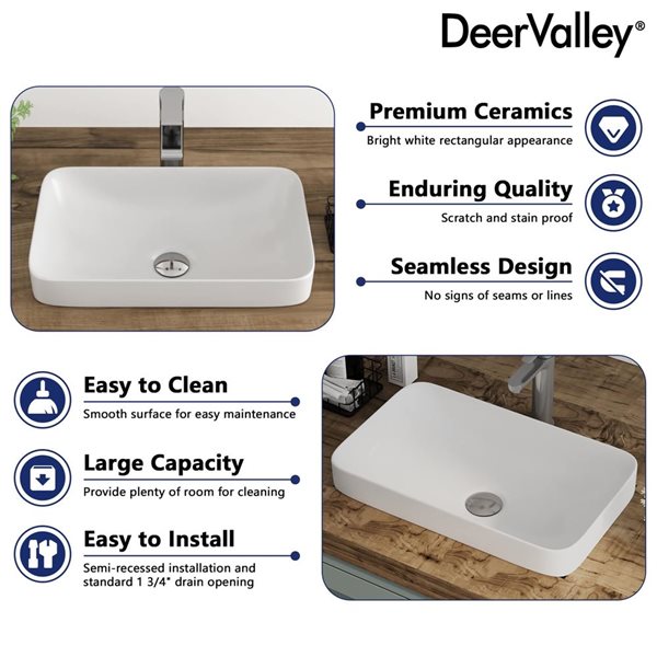 DeerValley 19 x 12.6-in White Ceramic Rectangular Semi-Recessed Bathroom Vessel Sink Art Basin