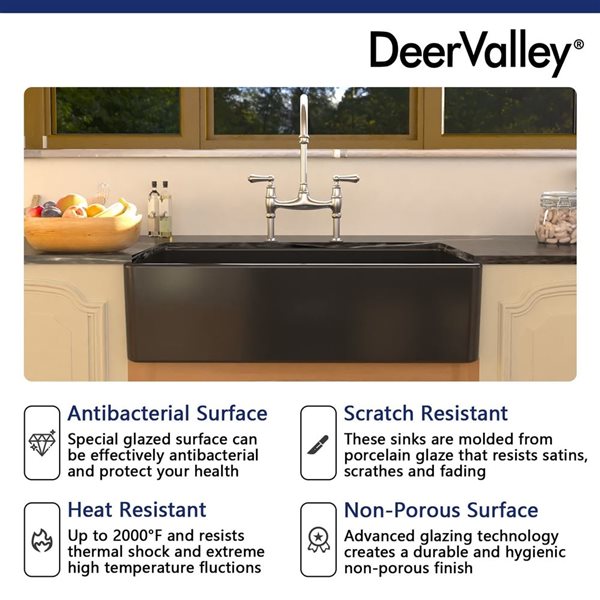 DeerValley Black Fireclay 36 x 18-in Rectangular Single Bowl Farmhouse Apron Kitchen Sink