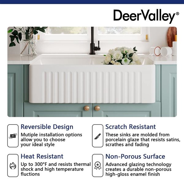 DeerValley Eclipse White Ceramic 33-in 50/50 Rectangular Double Basin Farmhouse Apron Kitchen Sink