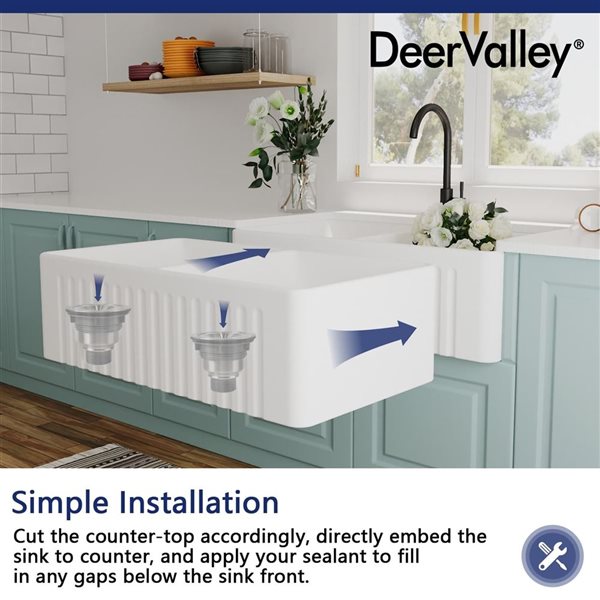 DeerValley Eclipse White Ceramic 33-in 50/50 Rectangular Double Basin Farmhouse Apron Kitchen Sink
