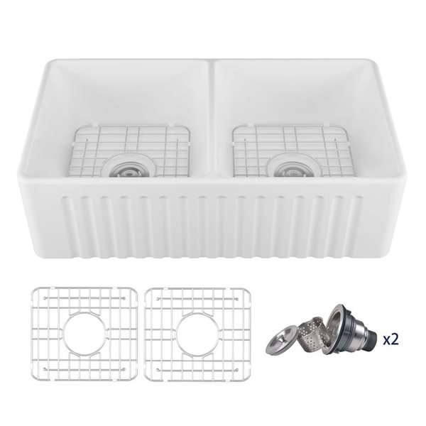 DeerValley Eclipse White Ceramic 33-in 50/50 Rectangular Double Basin Farmhouse Apron Kitchen Sink