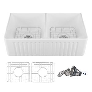 DeerValley Eclipse White Ceramic 33-in 50/50 Rectangular Double Basin Farmhouse Apron Kitchen Sink