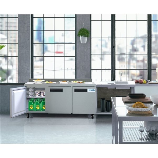 Koolmore 72-in 16.9 ft³ Three-Door Worktop Refrigerator w/ 3.5-in Backsplash - Stainless Steel