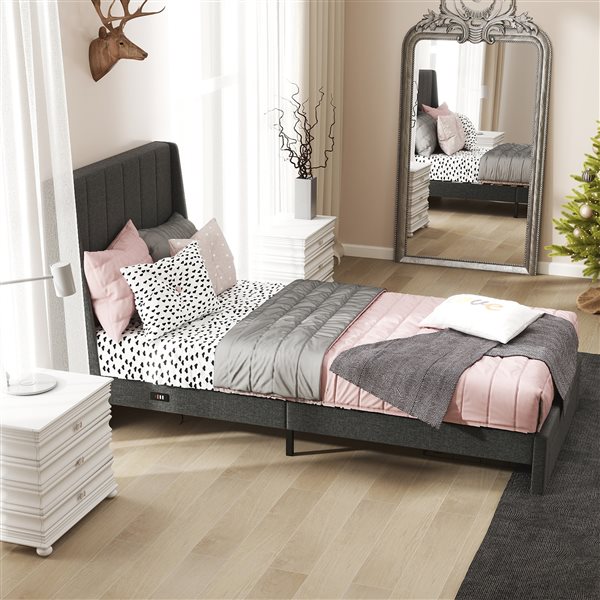 Homy Casa Grey Upholstered Twin Platform Bed w/ Wingback Headboard + Charging Ports + Drawer