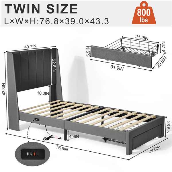 Homy Casa Grey Upholstered Twin Platform Bed w/ Wingback Headboard + Charging Ports + Drawer