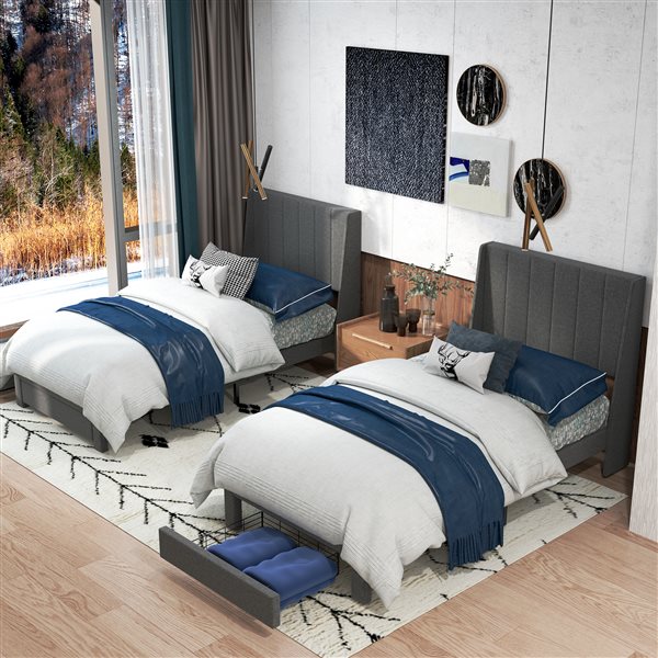 Homy Casa Grey Upholstered Twin Platform Bed w/ Wingback Headboard + Charging Ports + Drawer