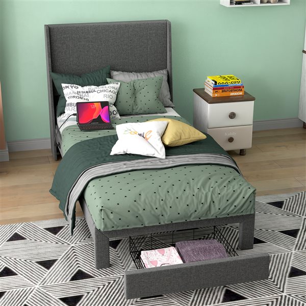 Homy Casa Grey Upholstered Twin Platform Bed w/ Wingback Headboard + Charging Ports + Drawer