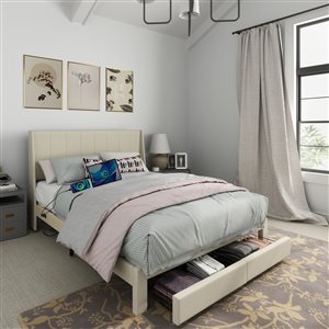 Grand lit plateforme Homy Casa avec tête de lit rembourrée à DEL avec ports de charge et tiroir en beige