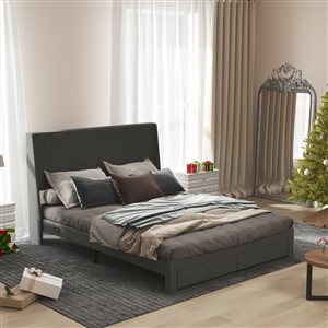Lit plateforme simple Homy Casa avec tête de lit rembourrée à DEL avec ports de charge et tiroir en gris