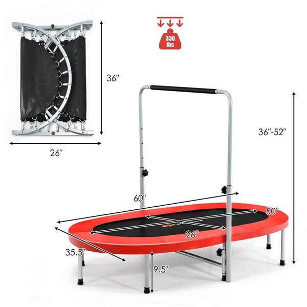 Costway 60-in 2-Person Foldable Mini Rebounder Trampoline with Adjustable Handle - Red