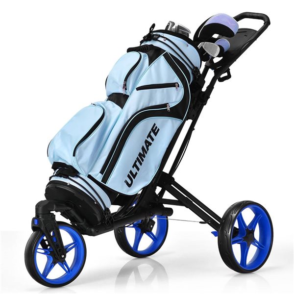 Costway Folding Golf Push Cart w/ Scoreboard, Adjustable Handle and Swivel Wheel - Blue