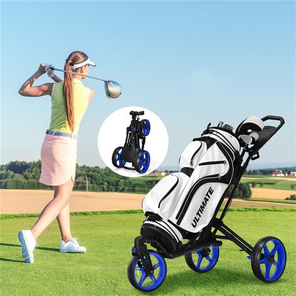Costway Folding Golf Push Cart w/ Scoreboard, Adjustable Handle and Swivel Wheel - Blue