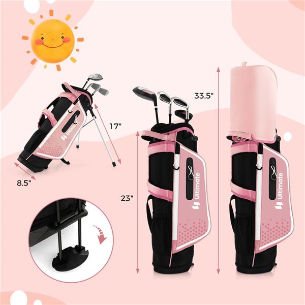 Costway Ultimate Junior Complete Golf Club Set for Kids Ages 5-7 Years Old w/ Stand Bag and Rain Hood - Pink